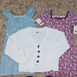 SO Kids Blue and Purple Floral Dresses with White Sweater